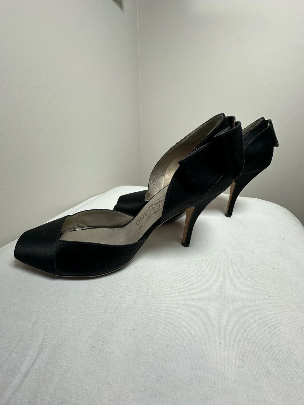 Ferragamo black satin peep toe black heels